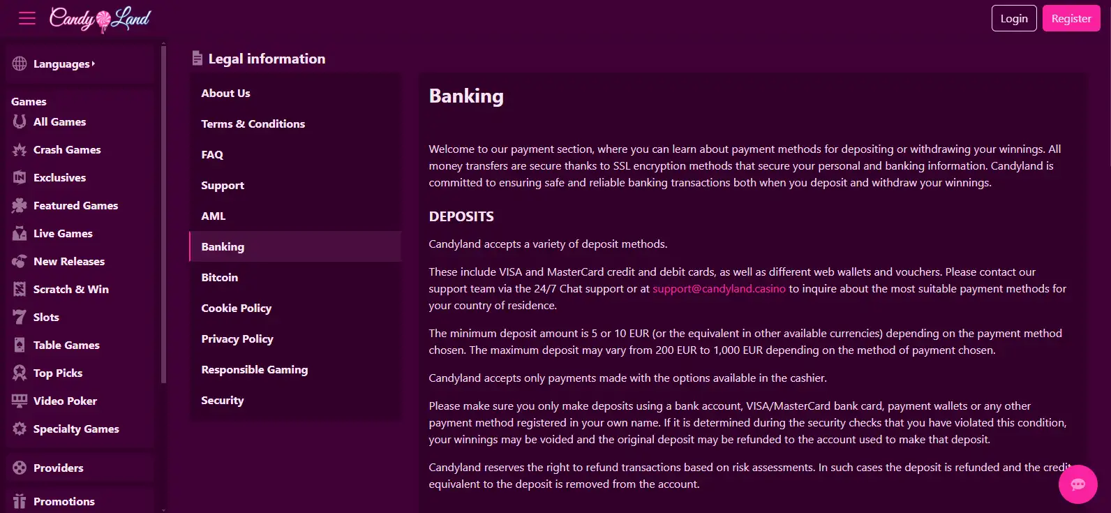 CandyLand Banking page showing deposit categories and the country-specific availability notice