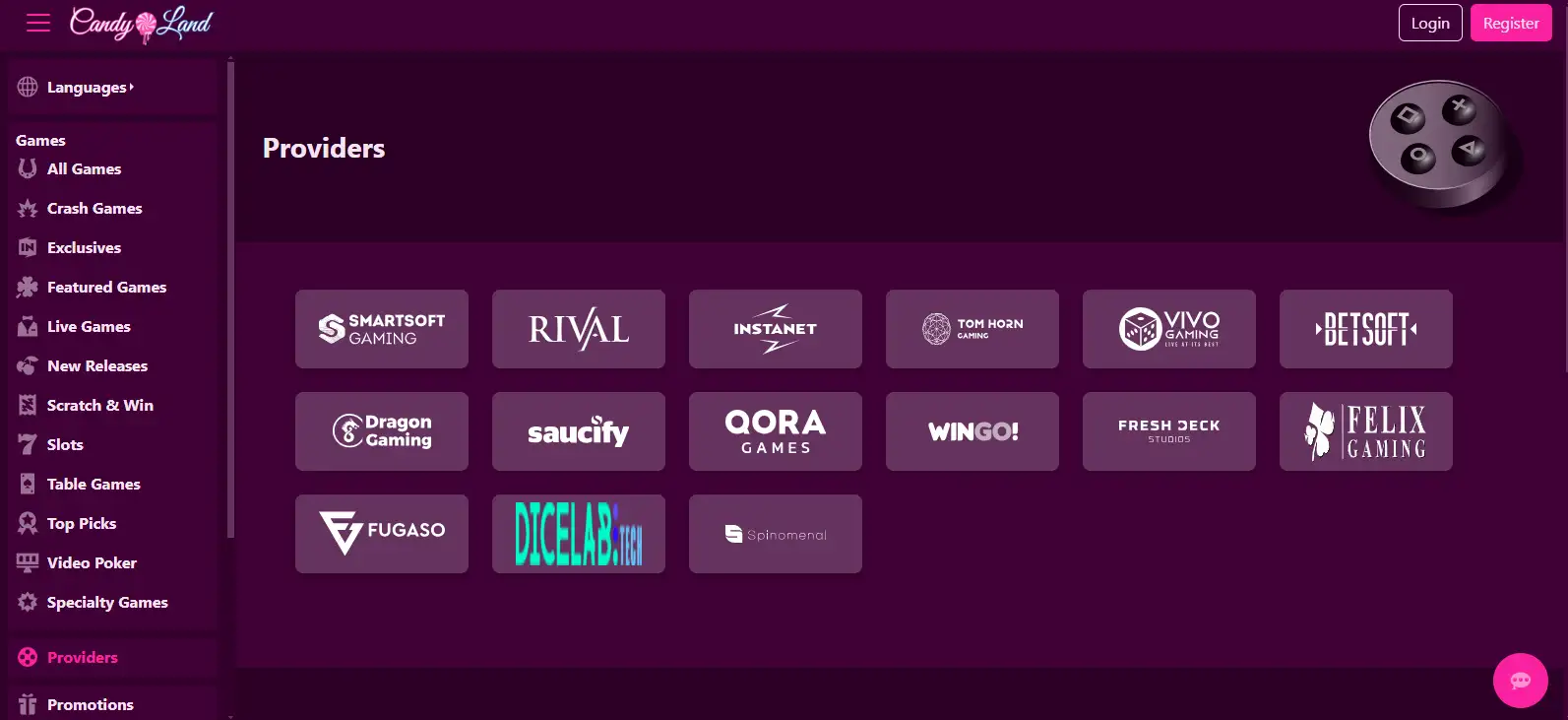 CandyLand game lobby or provider filter showing real game categories and provider names