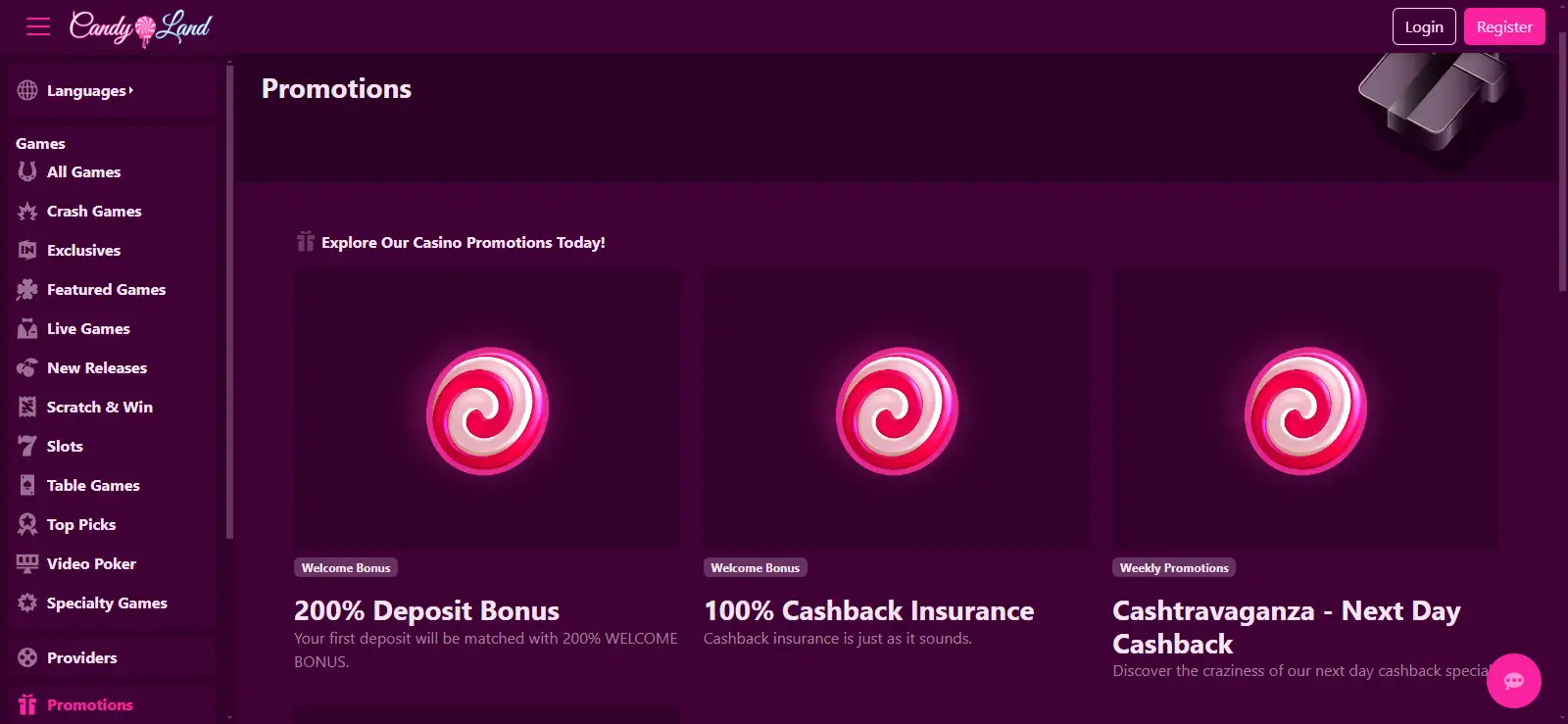 CandyLand promotions overview with the current welcome bonus and promotion categories
