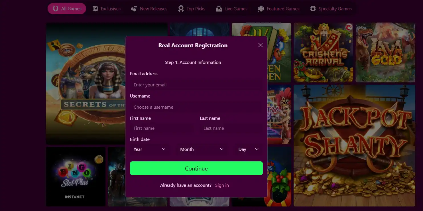 CandyLand official registration interface on the current casino website