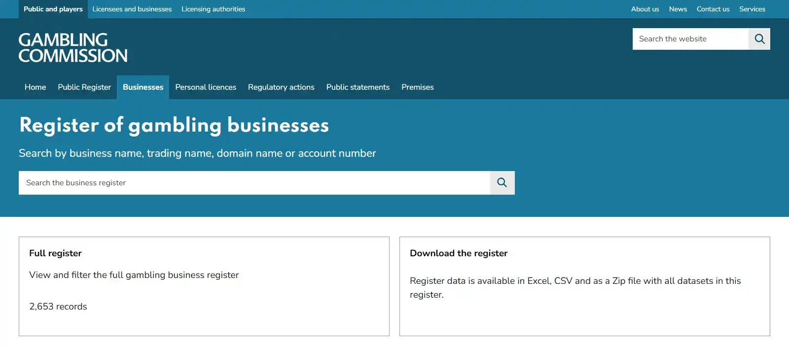 UK Gambling Commission business register used for the CandyLand licence check