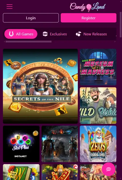 CandyLand official casino website displayed in a real mobile browser viewport