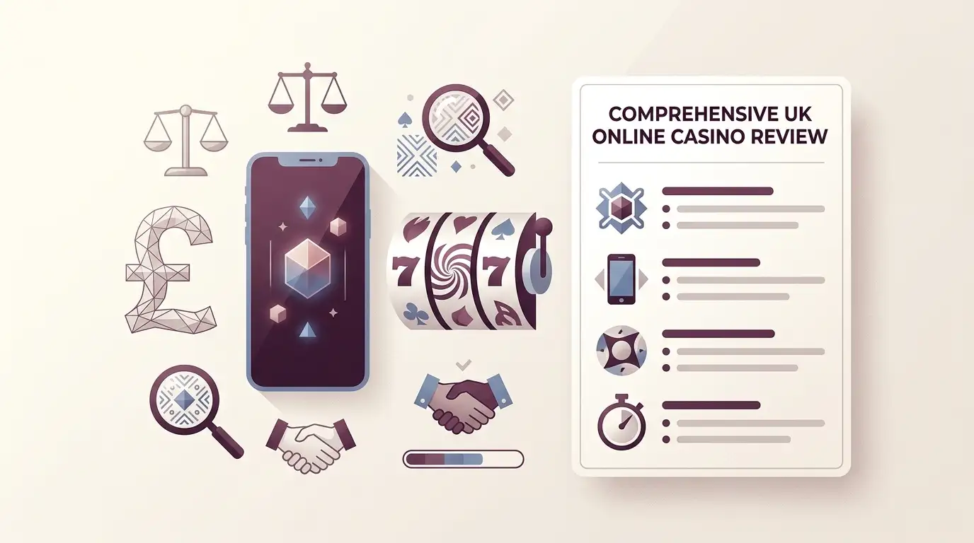 Editorial illustration of a UK casino review checklist with GBP, mobile and game symbols